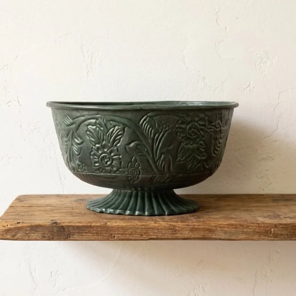 Vintage Floral Embossed Green Metal Oval Planter Cast Brass Pedestal Bowl MCM